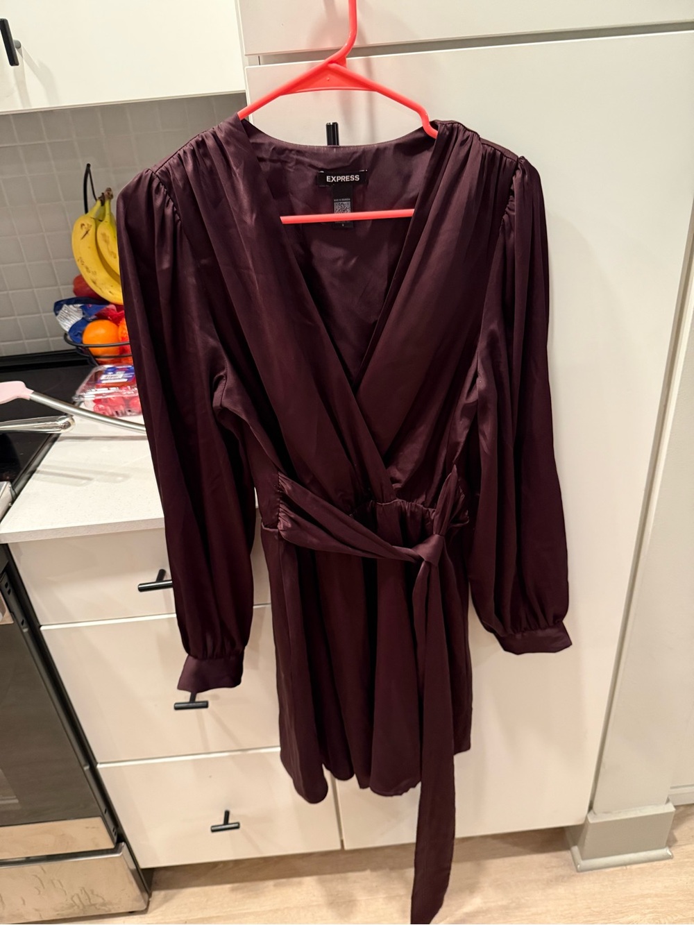 Express Plum Satin Wrap Dress with Long Sleeves